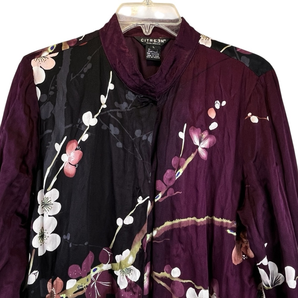 CITRON Santa Monica Floral Silk Cotton Topper Tunic Black Purple Floral Sz M/L - Picture 8 of 14